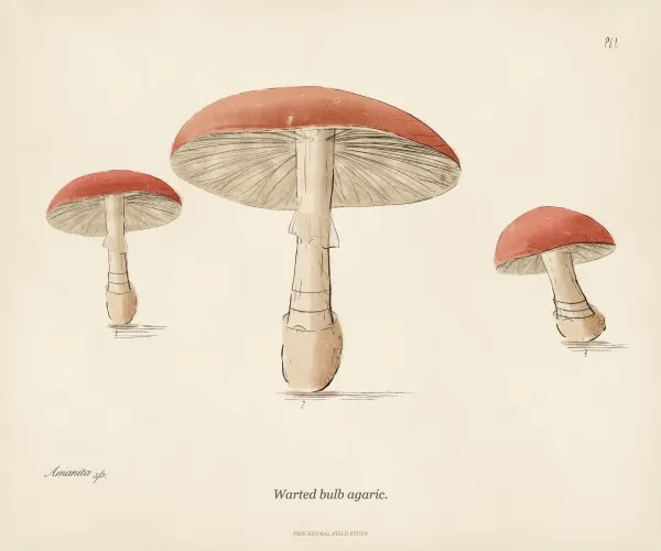 A fly agaric plate in ink and watercolour